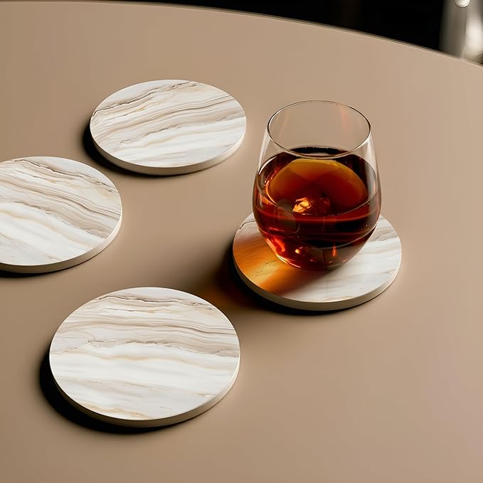 VEYRO Ceramic Coasters Set of 6 – Absorbent Stone Drink Coasters with Holder, Non-Slip Cork Backing, Modern Marble Look Coasters for Coffee Table, Desk & Home Decor