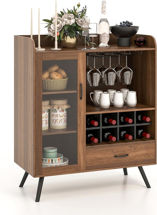 LOKO Farmhouse Coffee Bar Cabinet with Tempered Glass Door, 3-Row Glass Holder & 8-Grid Wine Rack, Buffet Sideboard with Wine Display, Rustic Brown