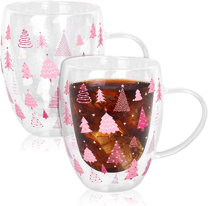 JarThenaAMCS Christmas Double Wall Glass Coffee Mugs 12oz Cute Pink Xmas Tree Insulated Glasses Clear Espresso Cups with Handle for Home Holiday Supplies, Set of 2
