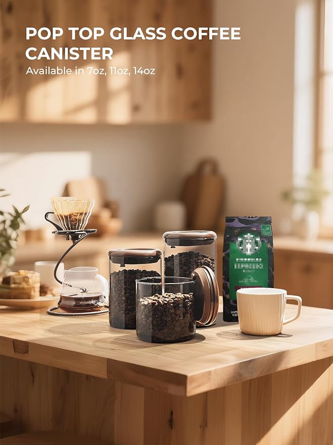 Airtight Coffee Bean Storage Canister – 7 oz Borosilicate Pantry Container with Pop Lid, UV-Blocking Glass & Non-Wood Easy-Clean Cap for Beans, Tea, Sugar, Spices, Snacks & More