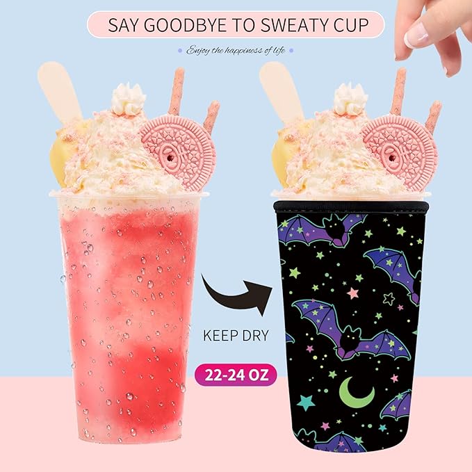 Reusable Neoprene Insulator Sleeve for Iced Coffee Cups, Medium 22-28oz Durable Drink Sleeve for Cold Beverages, Cute Beverage Holder Cup Sleeve for Women Men Cute Black Bats