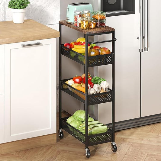 Slim Storage Cart 4 Tier Fruit and Vegetable Baskets for Kitchen Small Space, Narrow Laundry Cart on Wheels with Wooden Top and Metal Handle for Pantry, Bathroom, Laundry Room