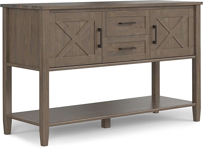 SIMPLIHOME Ela Console Table - 48 Inch Wide Solid Wood Sofa Table in Smoky Brown, Transitional Storage Table for Entryway or Living Room with 2 Drawers, 2 Cabinets, Open Shelf, and X-Panel Doors