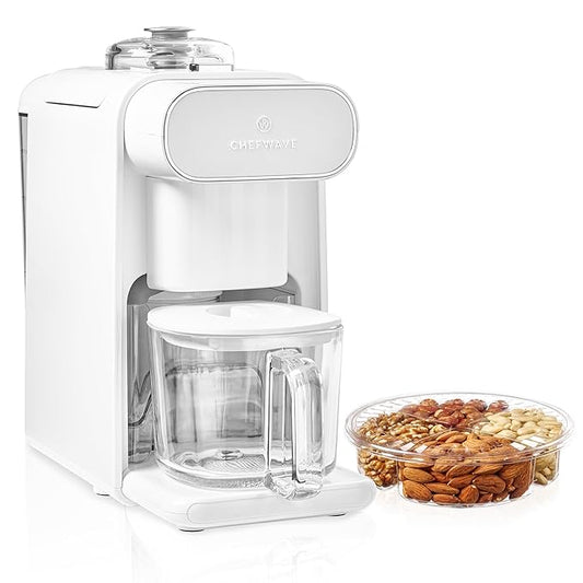 ChefWave Milkmade Soy Milk Maker (Silver/White) 6-in-1 Vegan Plant-Based Milk Machine with Auto Clean, and Delay Start, Almond, Oat, Soy, Cashew, Coconut, Macadamia Milk Maker with Nut Platter