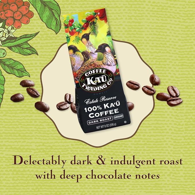 Ka'u Coffee Mill Estate Reserve Dark Roast Ground Coffee - Rich Chocolate Notes - Pure Ka'u Coffee - Specialty Roast - Handpicked Hawaii Grown Arabica Beans - Gourmet Small Batch - 8oz