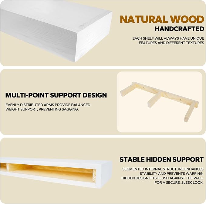 Floating Shelves 3 inch Thick for Wall Set of 2,Solid Pine Wood Wall Mount Shelf for Kitchen Living Room Bedroom Bathroom,8" D x 24" L x 3" H-White