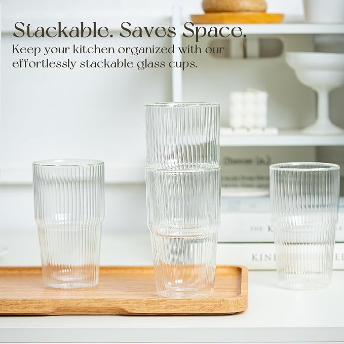 KEMORELA 16 oz Set of 4 Ribbed Glass tumbler,Double Wall Iced Coffee Cups with Lids,Coffee Bar Accessories, Insulated Borosilicate Glass Tumblers, To Go Coffee Cups, Spill proof
