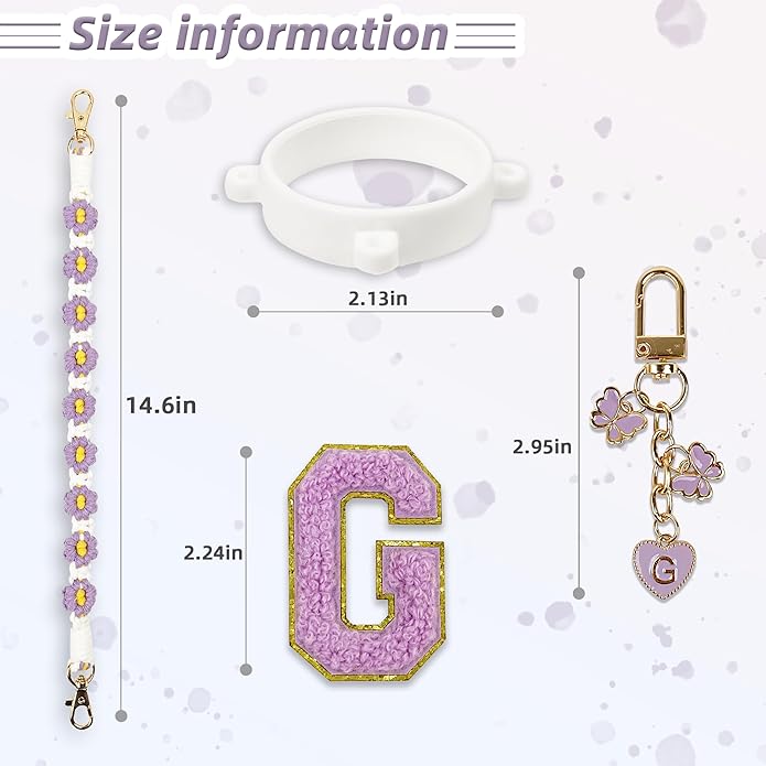 Compatible with Owala Water Bottle Accessories, Cute Letter Charm Set with Boho Handle Strap, Monogram Sticker, Silicone Ring, Keychain Decoration, for FreeSip 24 32 40oz, Owala Kids, Tumbler Gift