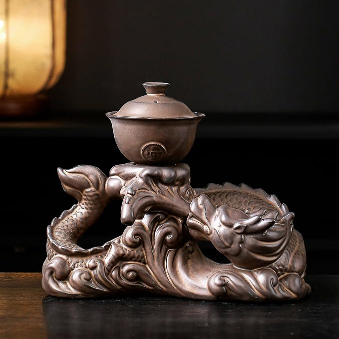 Semi Automatic Tea Set Ceramic Teapot with Infuser Magic Teapot with 8 cups (Antique Brass Dragon- D)