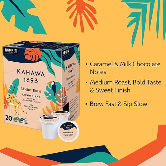 Kahawa 1893 Medium Roast Coffee K-Cup Pods Safari Blend (20 Count) - As Seen on Shark Tank, High Antioxidants, Naturally Sweet, Organically Grown & Cultivated, Ethically & Sustainably Sourced