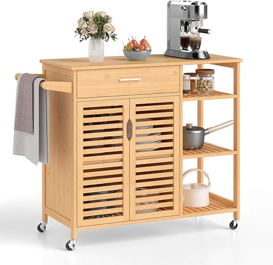 Giantex Bamboo Kitchen Island Cart, Mobile Serving Cart with Drawer, 2-Door Storage Cabinet, 3-Tier Shelves & Towel Rack, Rolling Utility Trolley for Dining Room (Natural)