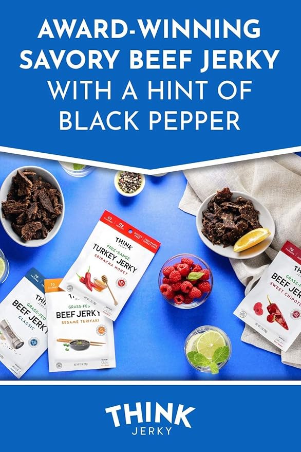 Think Jerky Classic Beef Jerky, Grass-Fed High Protein Beef Jerky, Gluten Free, No Antibiotics or Nitrates, Healthy Chef Crafted Recipe, Low Calorie and Low Fat - 2.2 oz Bags, 4 Pack