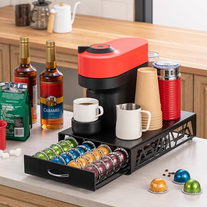 ZCDCP Pod Holder - Modern Sleek Black Metal Coffee Capsule Organizer for Nespresso Pods, Stylish Coffee Machine Stand for Coffee Bar, Office or Home Kitchen(40 Pods Capacity)