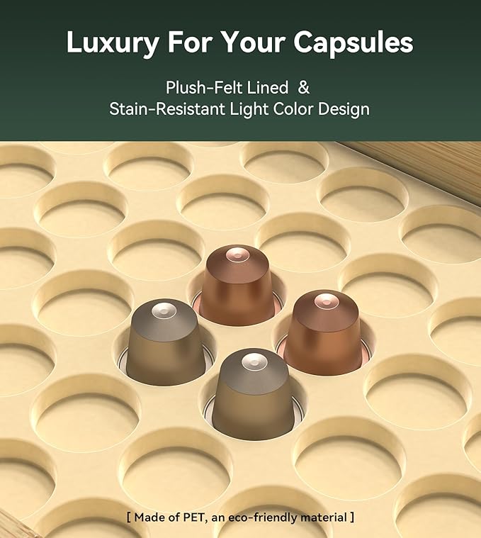 for Nespresso Original Capsules - Bamboo Coffee Pod Storgae for Counter Drawer Insert - 48 Capsules Organizer (14.3” x 11” x 1.57”)