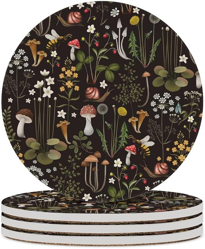 Round-4PCS Botanical Drink Coasters, Round Modern Ceramic Absorbent Coasters, Cartoon Mushroom Floral Plants Pattern Botanical Decor Desk Coffee Table Coaster for Beverage Cup Tea Coasters