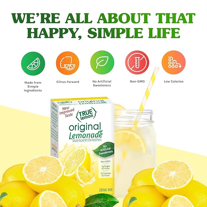 True Citrus TRUE LEMON Original Lemonade Drink Mix | No Artificial Sweeteners, Low Calorie | Water Flavor Packets & Water Enhancer with Stevia 30 Count (Pack of 1)