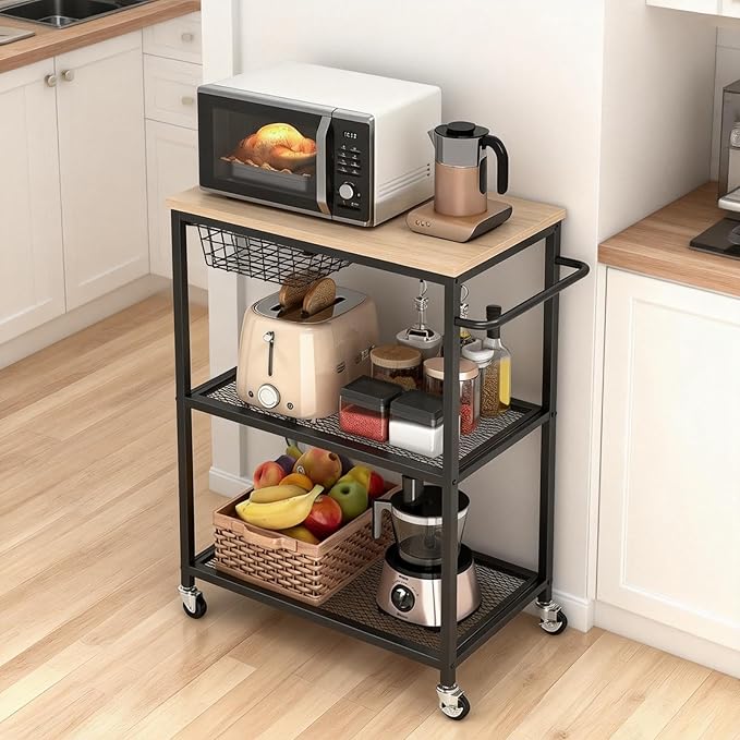 Rolling Kitchen Carts on Wheels, 3 Tier Mobile Utility Cart with Wood Tabletop Storage Cart, Metal Serving Carts with Handle and Shelf Liner for Island Restaurant Coffee Bar Living Room Office Black