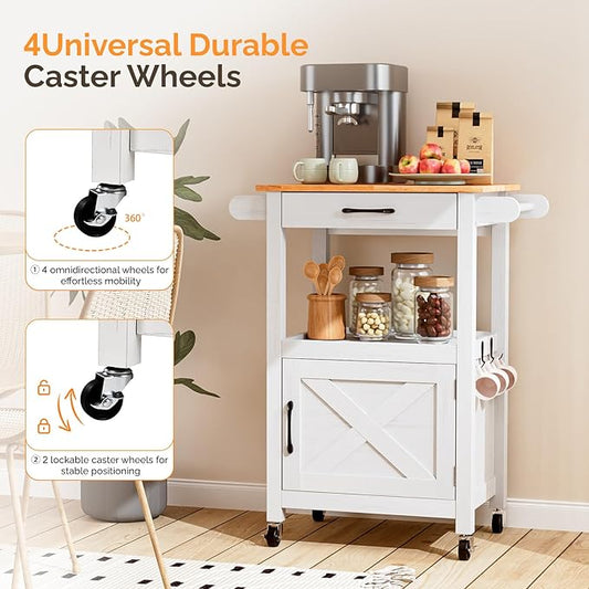 VINGLI Small Kitchen Island Cart on Wheels with Storage, Rolling Kitchen Island with 1 Drawer & 1 Shelf, Towel Rack & Cabinet, Kitchen Island Cart with Storage, White