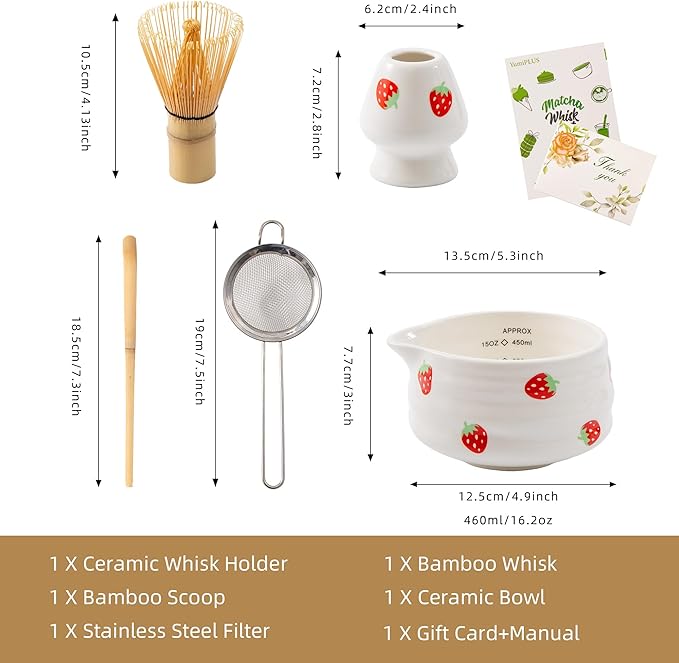5pcs Premium Matcha Set,Ceramic Bowl with Spout and Bamboo Whisk set, Ceremonical Matcha Kit for breakfast/latte,Tea Starter Making Kit,Unique Matcha Gift set (strawberry)