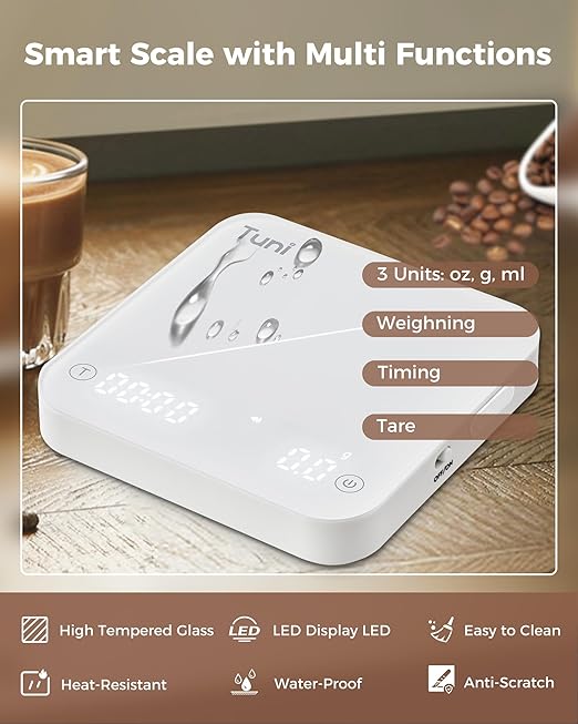 Tuni Rechargeable Mini Coffee Scale with Timer, 2kg/0.1g Accurate Espresso Scale for Espresso and Pour-Over Coffee, Portable Digital Kitchen Scale with Automatic Timing, White