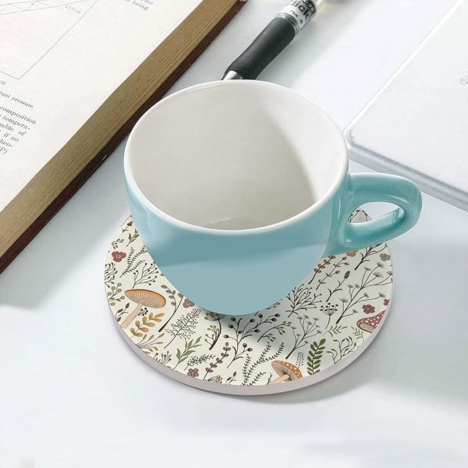 Round-6PCS Botanical Drink Coasters, Round Modern Ceramic Absorbent Coasters, Colorful Mushroom Floral Green Leaves Boho Plants Botanical Decor Desk Coffee Table Coaster for Beverage Cup Tea Coasters