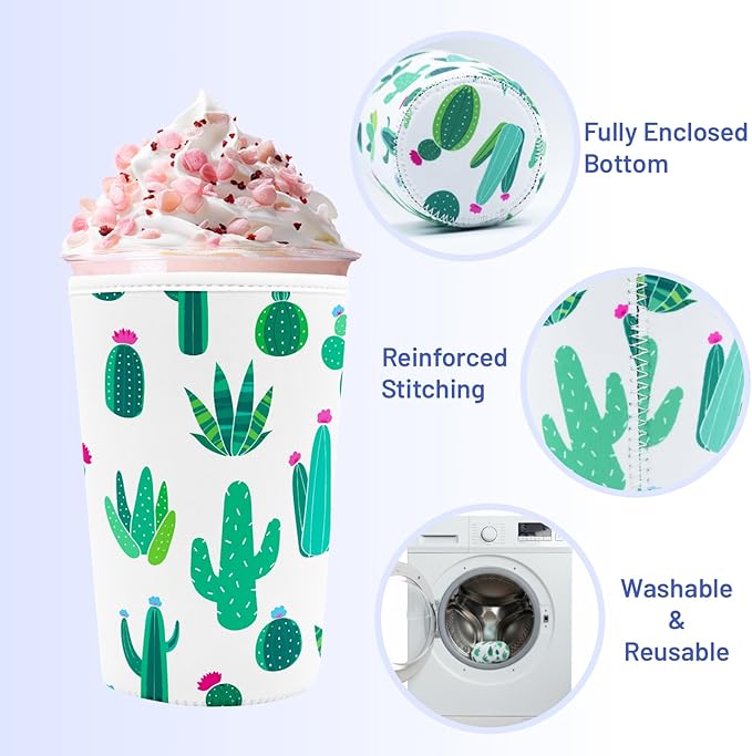 Iced Coffee Sleeve Reusable Cup Sleeves for Cold Drinks Neoprene Koozie Cozy Plastic Cup Covers for Drinks, Cactus