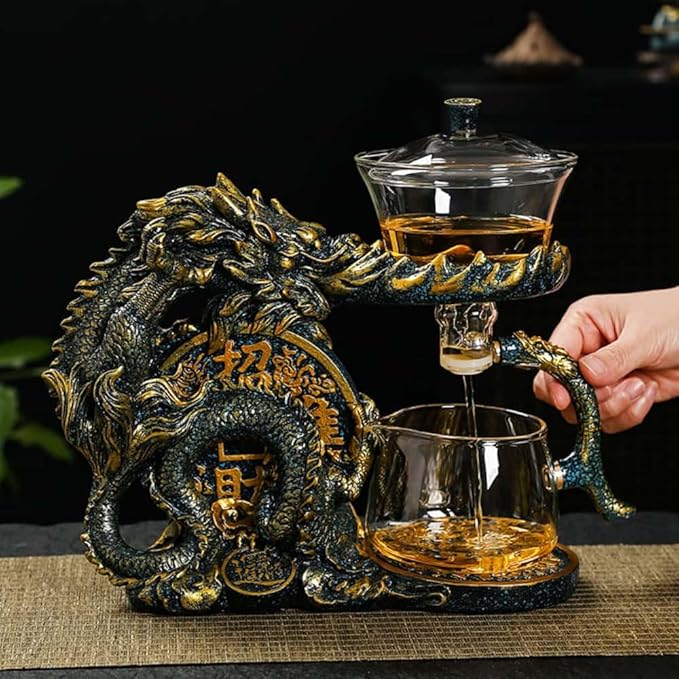 Glass Teapot Set with Infuser Semi Automatic Dragon Tea Set with 6 Small Cups (blue golden dragon-b)