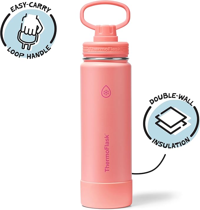 ThermoFlask 24 oz Double Wall Vacuum Insulated Stainless Steel Water Bottle with Spout Lid, Sunkissed Coral