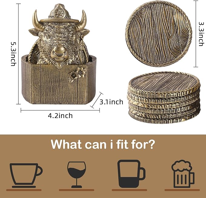 Cabin Coasters Set 6 Full Size Non-Slip Bar Coasters, Indoor Christmas Decorations, Man Cave Gifts for Men, Rustic Handmade Decor for The Home (Buffalo)