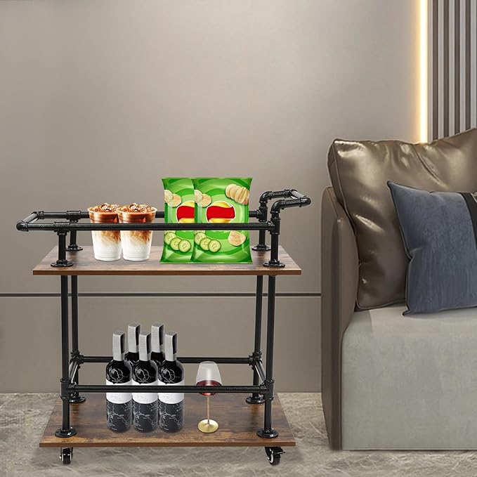 Industrial Bar Cart with Wheels, 2-Tier Rolling Kitchen Serving Cart, Mobile Wine Rack Storage Cart with Locking Casters for Home Bar Cafe Office