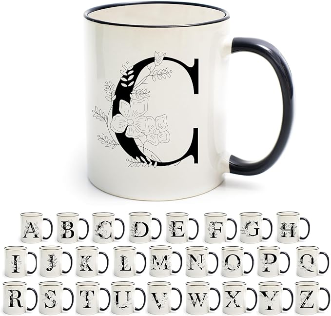 Monogram Ceramic Coffee Mugs, 11 oz Initial Drinking Cup with Gift Box, Unique Birthday Valentines Day Gifts for Women Wife Mothers Day Grandma Mom Aunt, C