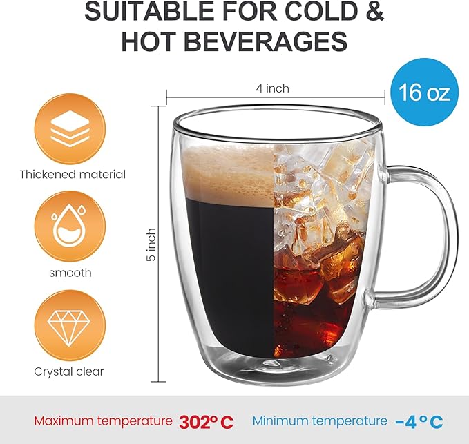 YUNCANG Double Wall Coffee Mugs, (4-Pcak) 16 Ounces-Clear Glass with Handle,lnsulated,Cappuccino,Tea,LatteCups,Beverage Glasses Heat Resistant