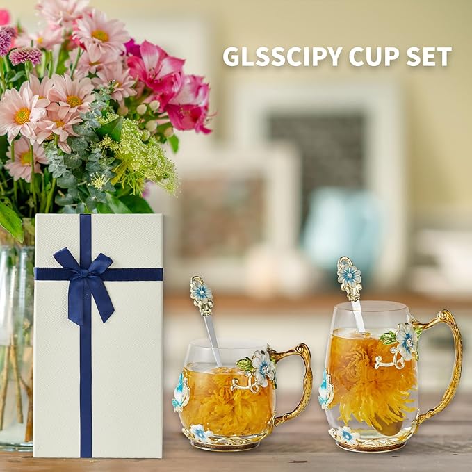 Tea Cup Glass Coffee Mugs,Fancy Tea Cup Set Birthday Gift Idea for Tea Lover and Man & Women Novelty Coffee Mugs Rose Flower Enamel Cup with Spoon