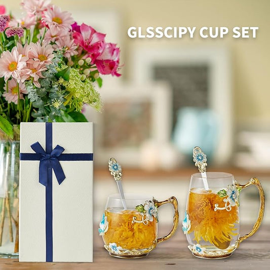 Tea Cup Glass Coffee Mugs,Fancy Tea Cup Set Birthday Gift Idea for Tea Lover and Man & Women Novelty Coffee Mugs Rose Flower Enamel Cup with Spoon