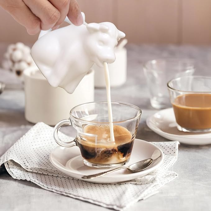 HIC Kitchen Mini Cow Creamer With Handle, Fine Porcelain, 2-Ounce, For Serving Milk, Cream, Syrup, Dressings, And Sauces