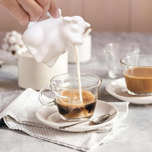 HIC Kitchen Mini Cow Creamer With Handle, Fine Porcelain, 2-Ounce, For Serving Milk, Cream, Syrup, Dressings, And Sauces