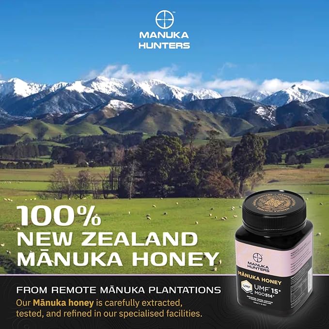 Manuka Hunters UMF 15+/MGO 514+ Certified New Zealand Manuka Honey - 100% Pure Natural Sweetener - Gluten, Dairy Free - Ideal for Tea, Coffee, Smoothies, and Baking - Sustainable - 1.1lbs/500g Jar