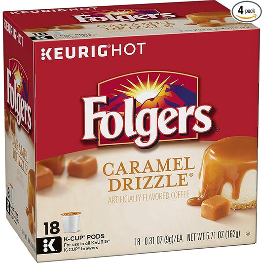 Folgers Caramel Drizzle Flavored Coffee, K-Cup Pods for Keurig K-Cup Brewers, 18-Count (Pack of 4), Packaging May Vary