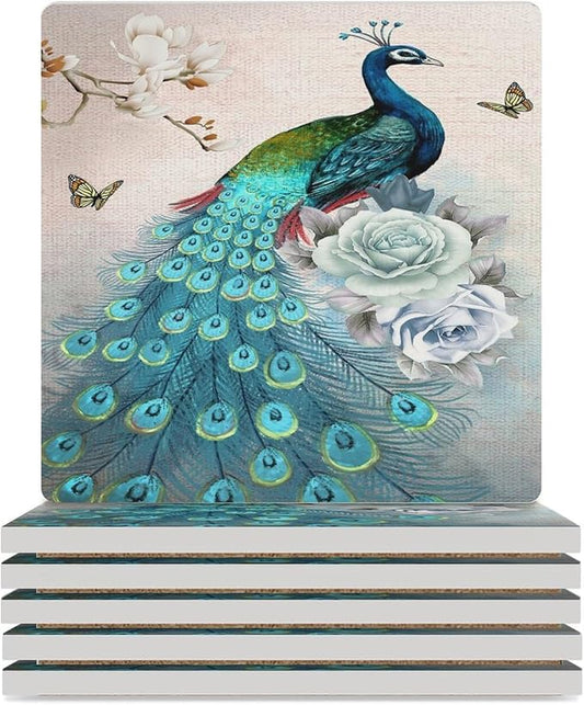 Peacock Drink Coasters, Square Ceramic Drink Coaster Square-6PCS, Vintage Tree Branch Beautiful Teal Peacock Floral Decor Absorbent Ceramic Coasters for Beverage Cup, Bar, Coffee Table