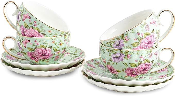 Tea Cup and Saucers, 6.4oz Floral Tea Cups with Gold Trim, Porcelain Teacup, Coffee Cappuccino Espresso Latte Mugs for Party Birthday,Party Cafe Home, Christmas Gift (Green)