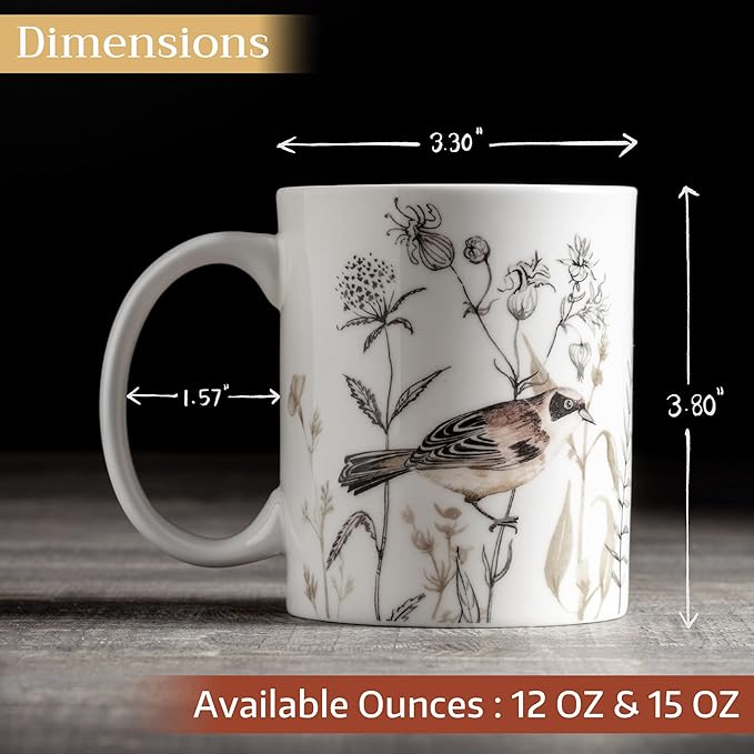 Maison d' Hermine Coffee Mug with Handles Fine Bone China Mugs Pack of One Tea Cups for Hot Beverages Cappuccino Latte Home Office Perfect for Gift (Meadow Florals - Brown Meadow Mornings, 15 Ounce)