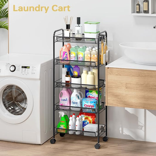 TOOLF 5-Tier Metal Utility Cart with 3 Hooks, Easy Assemble Mobile Storage Trolley On Wheels, Metal Shelving Units Kitchen Bathroom Laundry Room