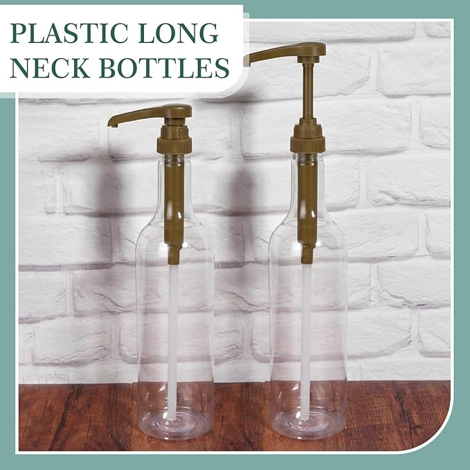 Maxdot 2 Pcs 25 oz Syrup Bottles with Pump Long Neck Bottles Plastic Syrup Pump Dispenser for Coffee Bar Accessories Home Party (Gold)