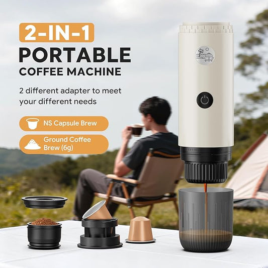 Portable Espresso Machine, Travel Coffee Maker for Camping, Car Coffee Maker Self-Heating with USB-C, 2 in 1 With Ground Coffee & NS Capsule for RV, Hiking, Office,Christmas Gifts for Men(White)