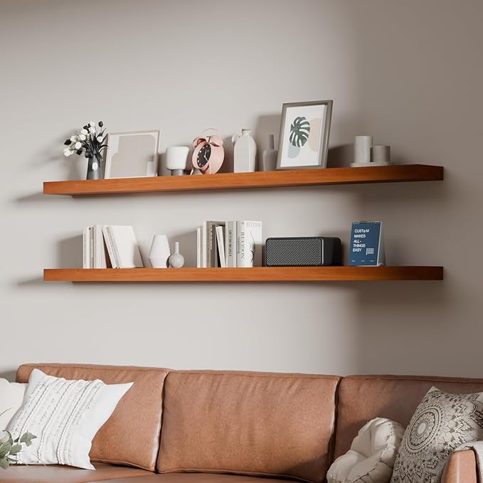 60 inch Long Floating Shelves for Wall,Solid Wood Long Shelves Set of 2,Orange Rustic Wall Mounted Shelves with Heavy Duty Brackets (Orange, 60 Inch)