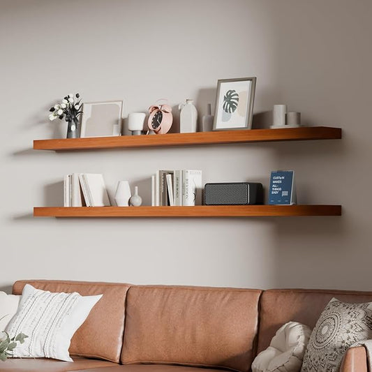 60 inch Long Floating Shelves for Wall,Solid Wood Long Shelves Set of 2,Orange Rustic Wall Mounted Shelves with Heavy Duty Brackets (Orange, 60 Inch)