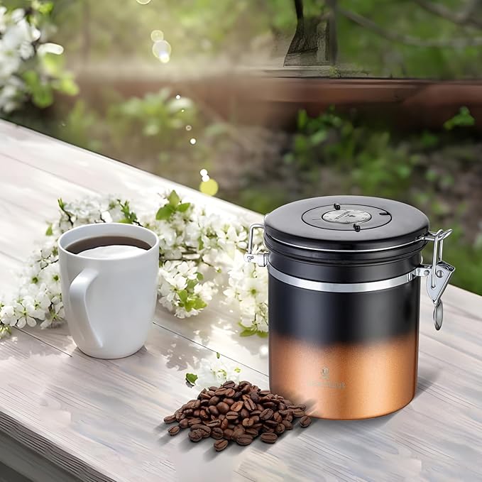 BERTILLE Stainless Steel Coffee Canister,16 oz Kitchen Food Storage Container with Date-Tracker, CO2-Release Valve and Measuring Scoop for Grounds Coffee, Beans, Tea, Cereal, Sugar（Medium,Golden）