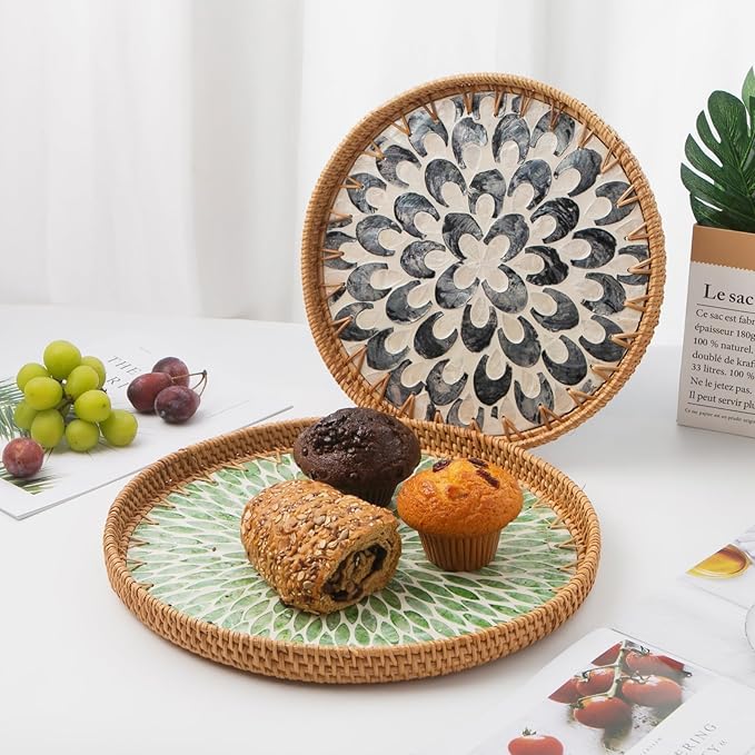 Round Rattan Tray with Mother of Pearl Inlay, Decorative Wicker Serving Tray with Wooden Base, Woven Basket Trays for Bread Fruits Coffee, Plume