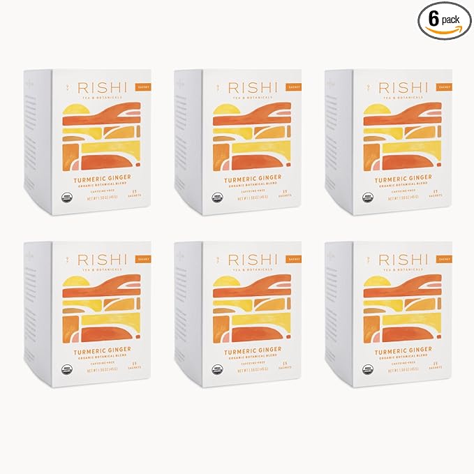 Rishi Tea Turmeric Ginger Herbal Tea - Organic Sachet Bags, Caffeine Free Blend with Spicy Ginger & Citrus, Hot or Iced - 15 Count (Pack of 6)