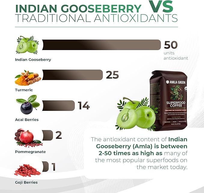 Amla Green Organic Ground Superfood Coffee, Medium Roast Gourmet Coffee with Antioxidant Rich Indian Gooseberry, 100% Arabica Special with Amla Benefits, 16 Oz